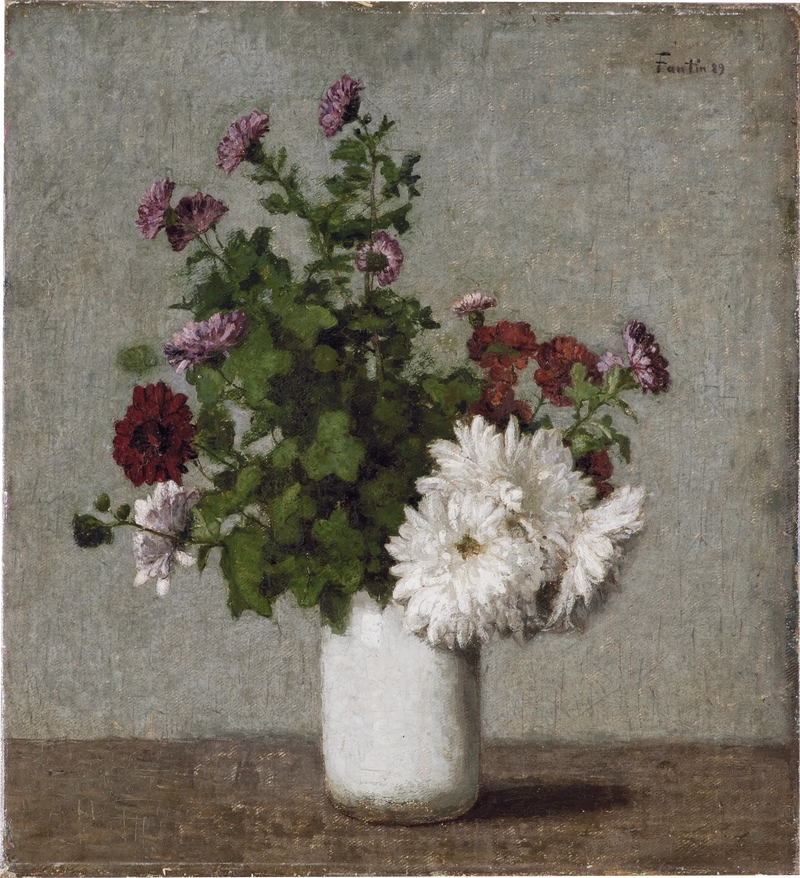 Naturaleza muerta con flores: crisantemos de otoño en un jarrón blanco - Henri Fantin-Latour