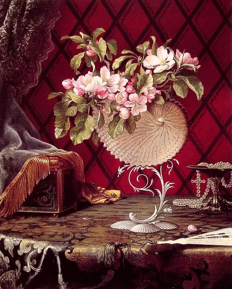 Naturaleza muerta con flores de manzano en una concha de nautilo - Martin Johnson Heade