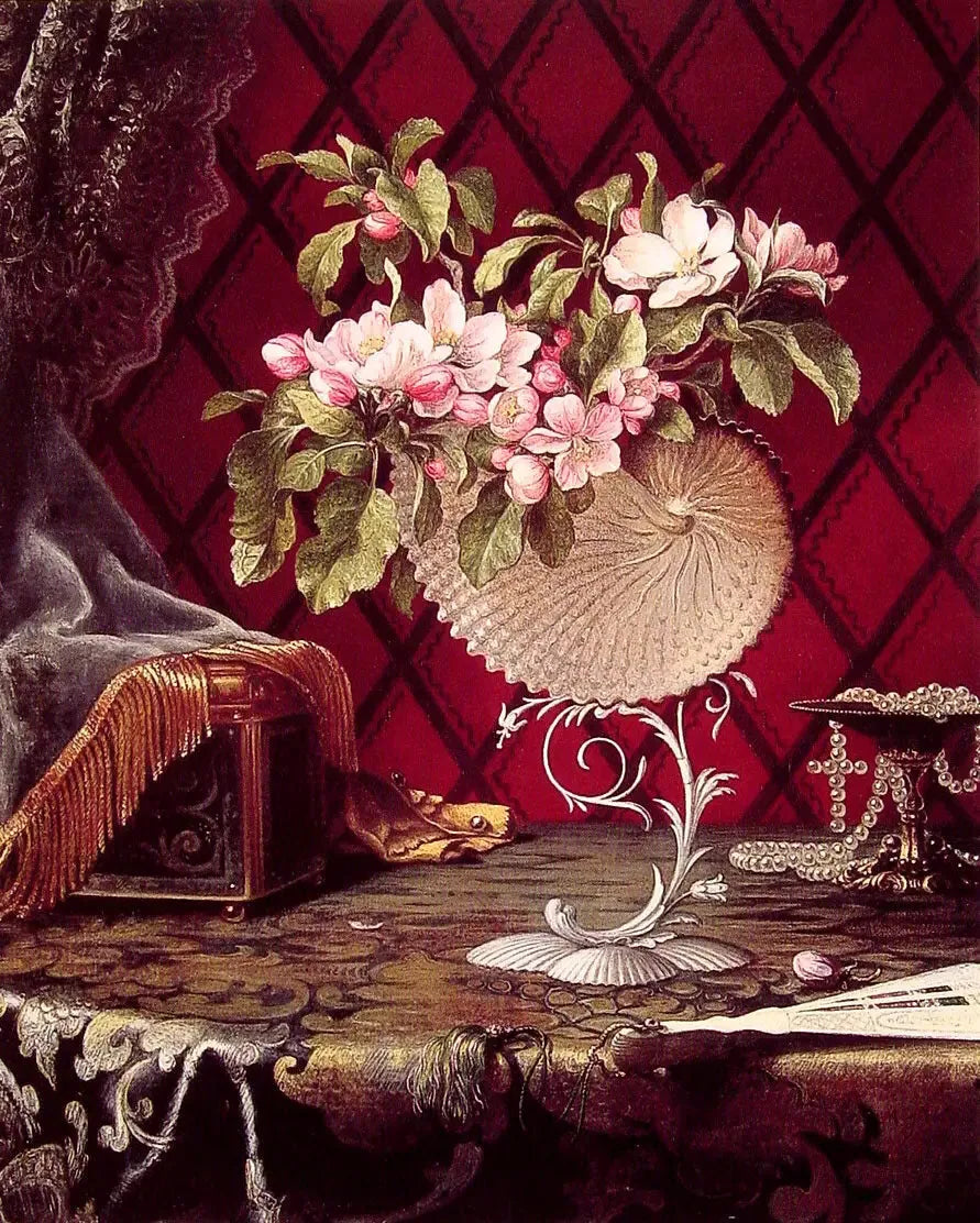 Naturaleza muerta con flores de manzano en una concha de nautilo - Martin Johnson Heade