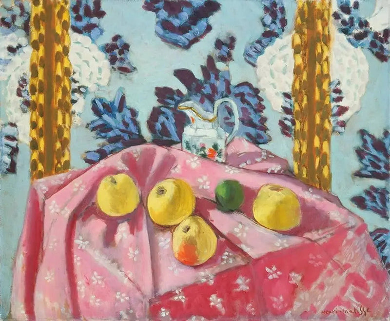 Naturaleza muerta con manzanas sobre un mantel rosa - Henri Matisse