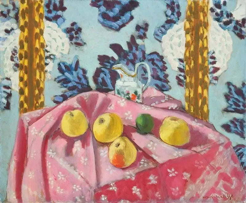 Naturaleza muerta con manzanas sobre un mantel rosa - Henri Matisse