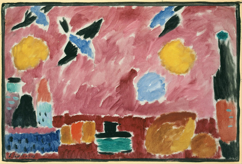 Naturaleza muerta con botella, pan y papel pintado rojo con golondrinas - Alexej von Jawlensky