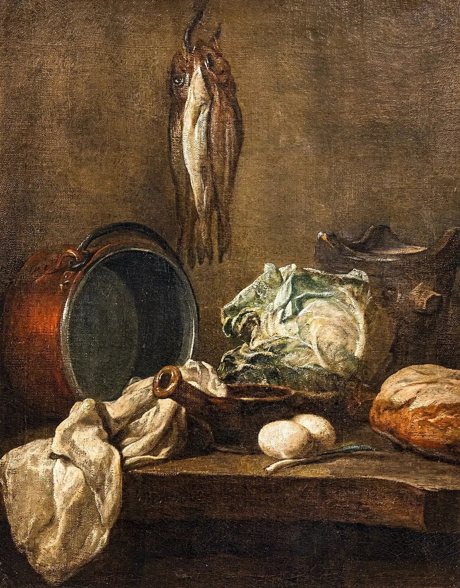 Naturaleza muerta con caldero, cazo, estufa, paño, col, dos huevos, puerro, pan y tres arenques - Jean Simeón Chardin