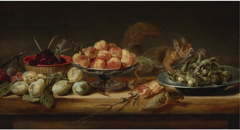 Nature morte avec des pêches dans une coupe, des noisettes sur une assiette en étain, des framboises dans un panier, avec des poires et un écureuil sur une table - Frans Snyders