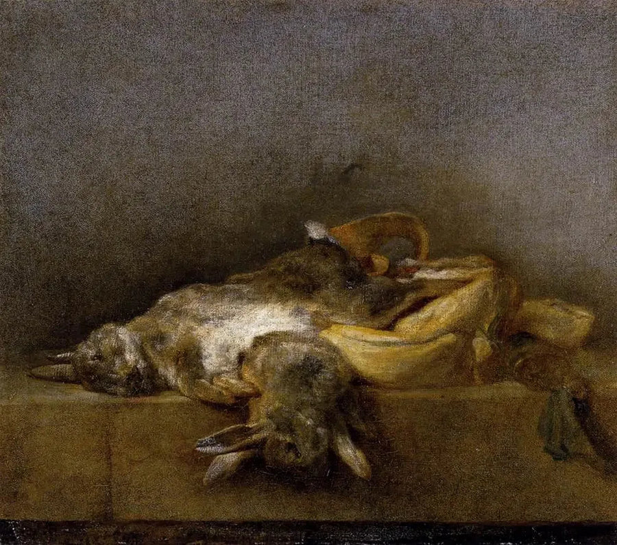 Naturaleza muerta con dos conejos, una cartuchera y una pera de polvo - Jean Simeón Chardin