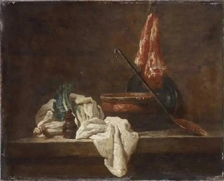 Naturaleza muerta con dos tallos de apio, bote de especias, paño, terrina, plato, espumadera y trozo de carne - Jean Simeón Chardin