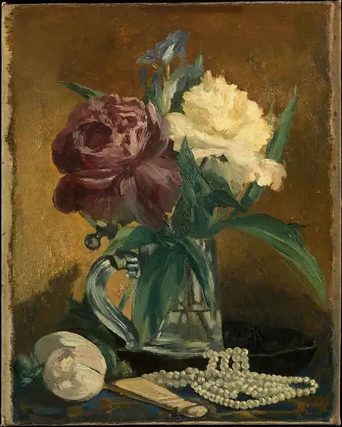 Naturaleza muerta con flores, abanico y perlas - Édouard Manet