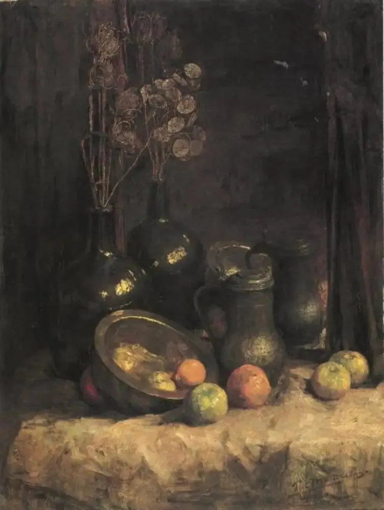Naturaleza muerta con espejo, recipientes, honestidad y frutas - Piet Mondrian