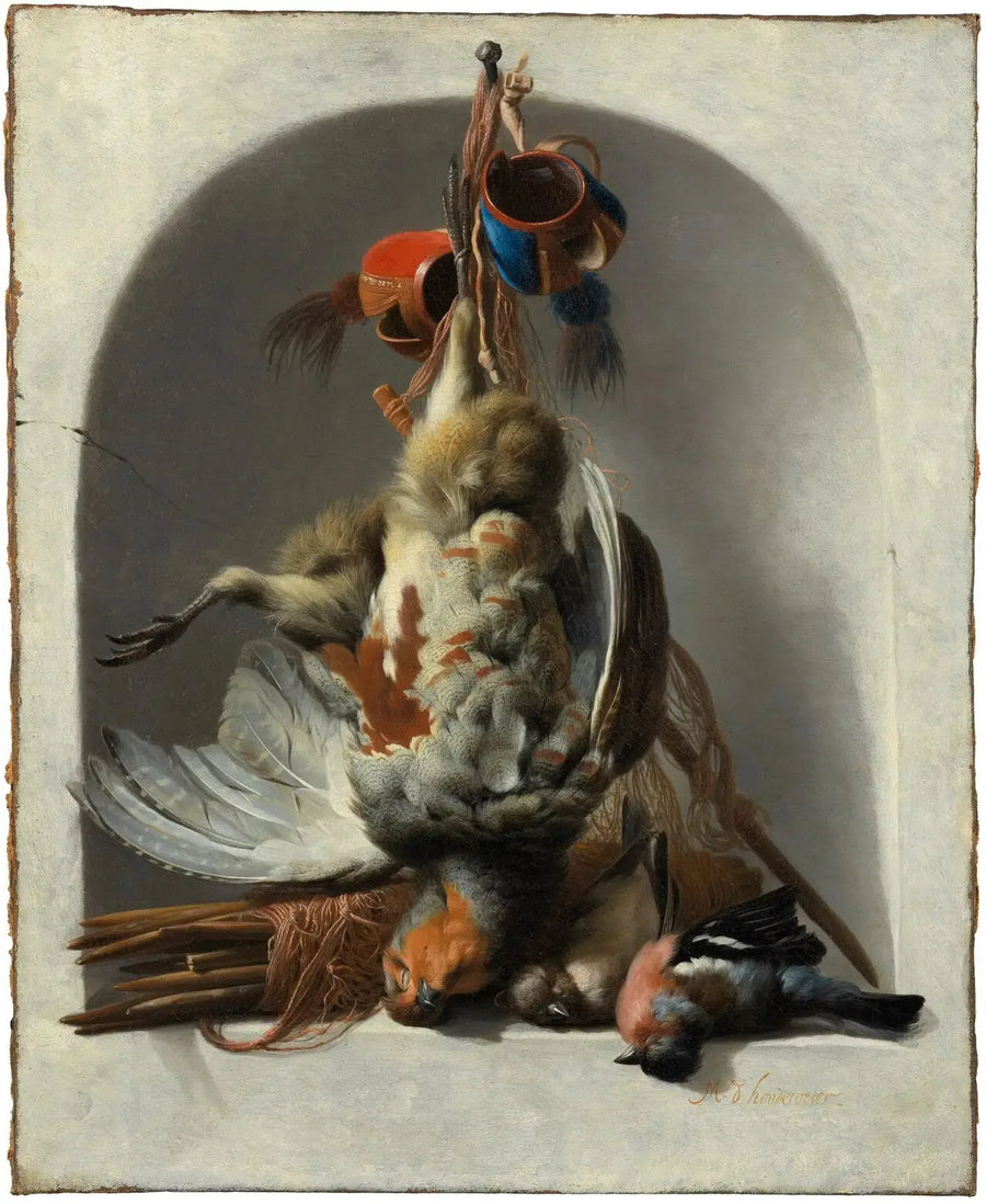 Naturaleza muerta con aves y material de caza en una jaula - Melchior de Hondecoeter