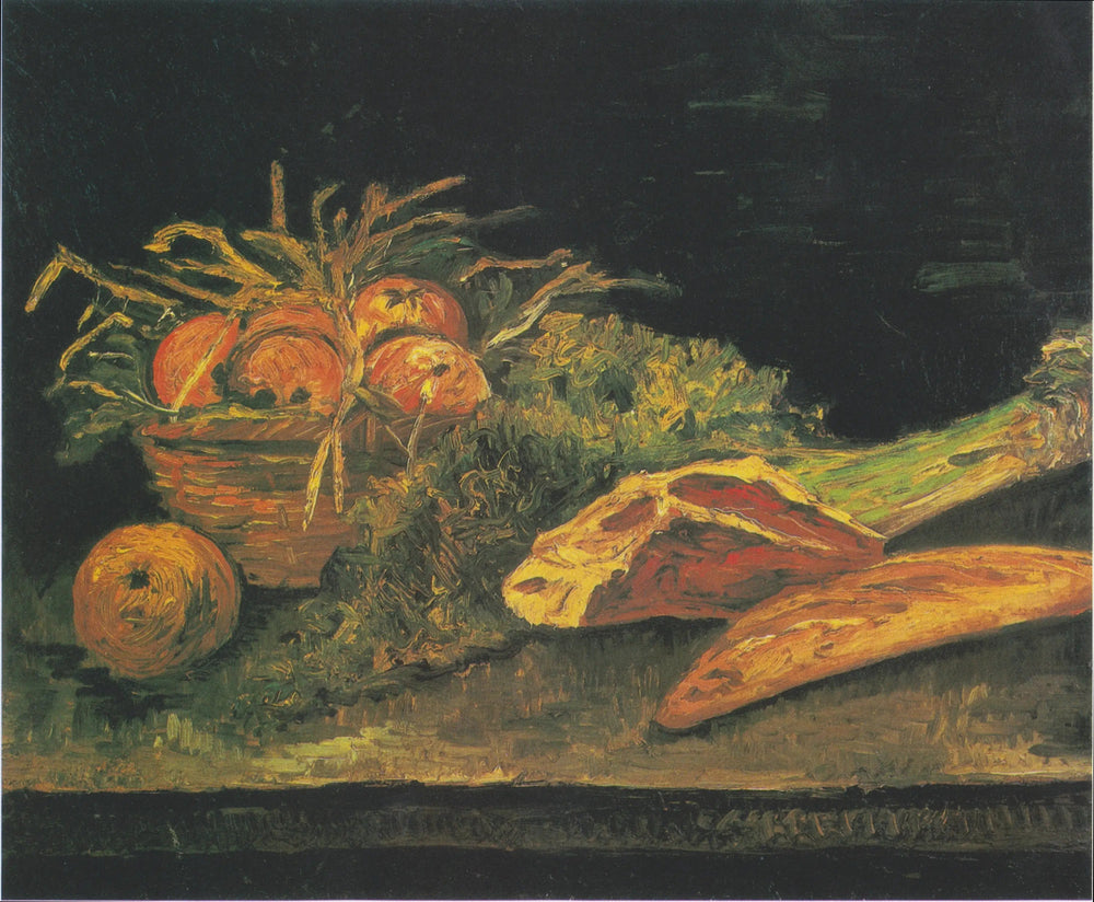 Nature morte avec panier de pommes, viande et petits pains - Vincent van Gogh image 1 reproduction de peinture à l’huile