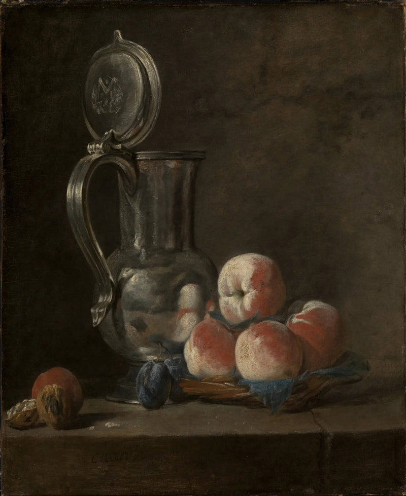 Naturaleza muerta con jarra de hojalata y duraznos - Jean Simeón Chardin