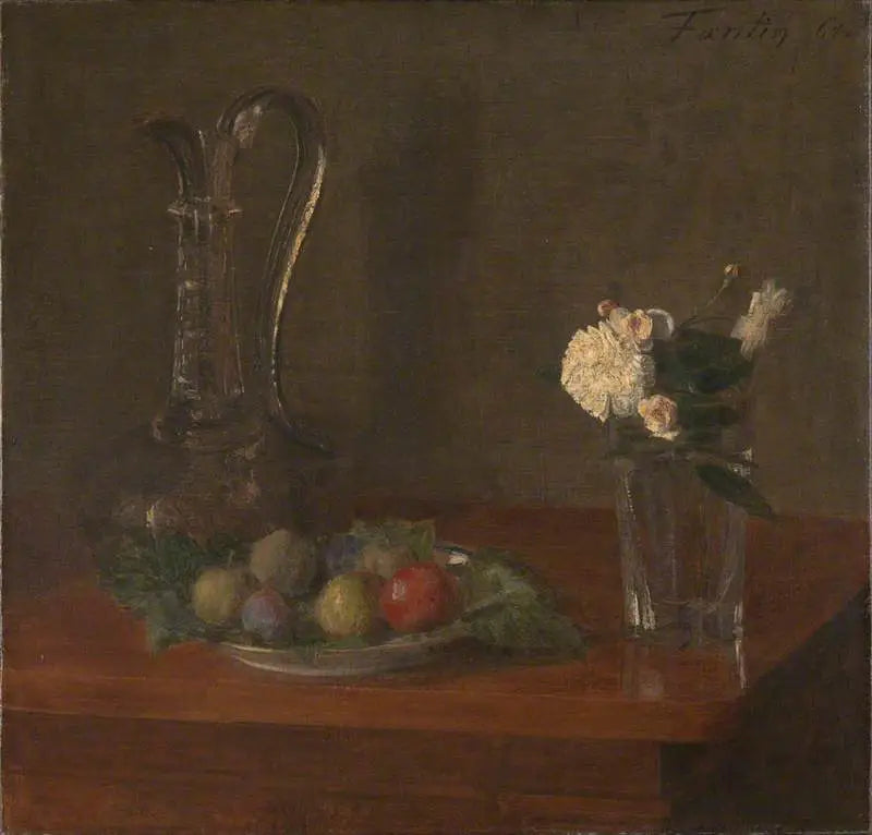 Naturaleza muerta con jarra de vidrio, frutas y flores - Henri Fantin-Latour