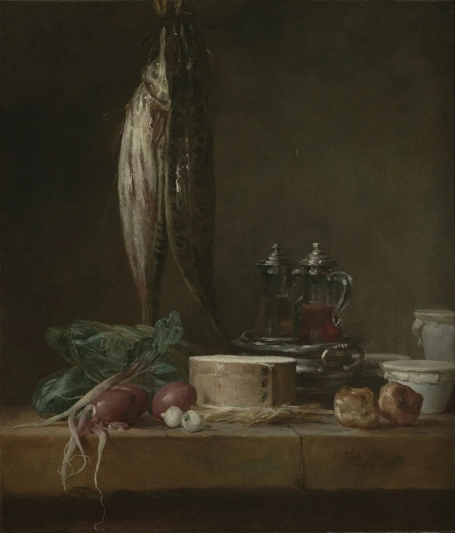 Naturaleza muerta con peces, verduras, gougères, jarrones y buretas sobre una mesa - Jean Simeón Chardin