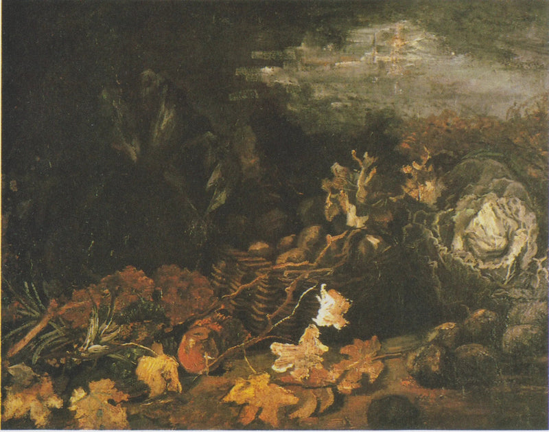 Naturaleza muerta con una cesta de patatas, rodeada de hojas de otoño y verduras - Vincent van Gogh