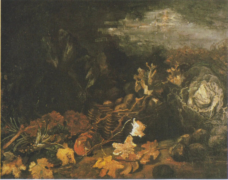 Naturaleza muerta con una cesta de patatas, rodeada de hojas de otoño y verduras - Vincent van Gogh
