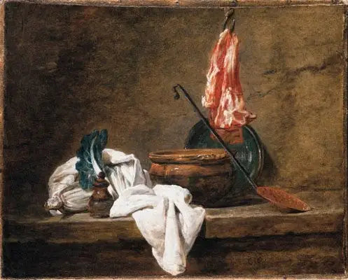 Naturaleza muerta con un paño, una cacerola, un plato, un escurridor y carne en un gancho - Jean Simeón Chardin
