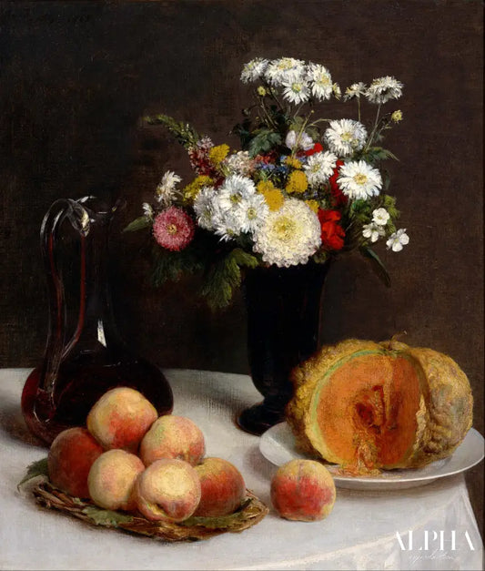 Nature morte avec une carafe, des fleurs et des fruits - Henri Fantin-Latour - Reproductions de tableaux et peintures haut de gamme