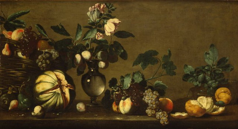 Nature morte avec une corbeille de fruits, un vase de fleurs et des fruits sur un entablement - Bernardo Strozzi image 1 copie de tableau peinte à la main