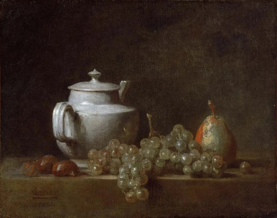 Naturaleza muerta con una tetera, uvas, castañas y una pera - Jean Simeón Chardin
