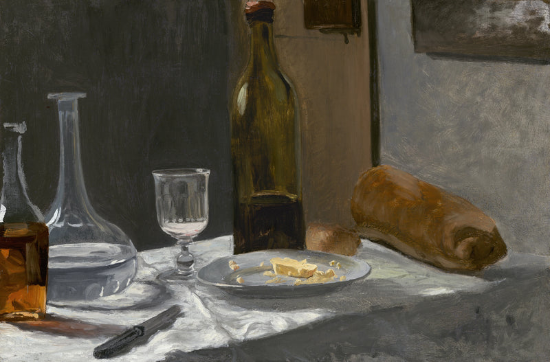 Naturaleza muerta con botella, jarra, pan y vino W13 - Claude Monet