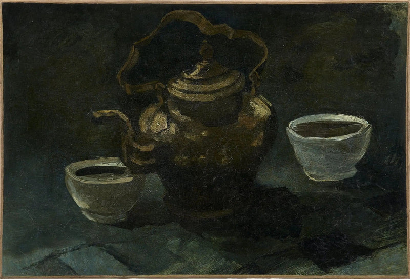 Naturaleza muerta, cafetera de cobre y dos cuencos blancos - Vincent van Gogh