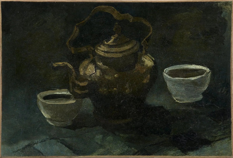 Naturaleza muerta, cafetera de cobre y dos cuencos blancos - Vincent van Gogh