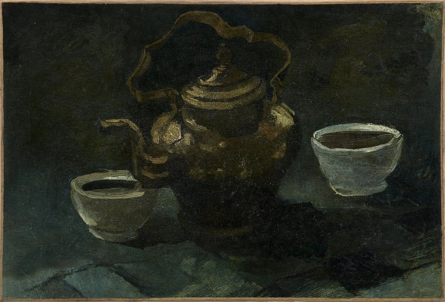 Naturaleza muerta, cafetera de cobre y dos cuencos blancos - Vincent van Gogh
