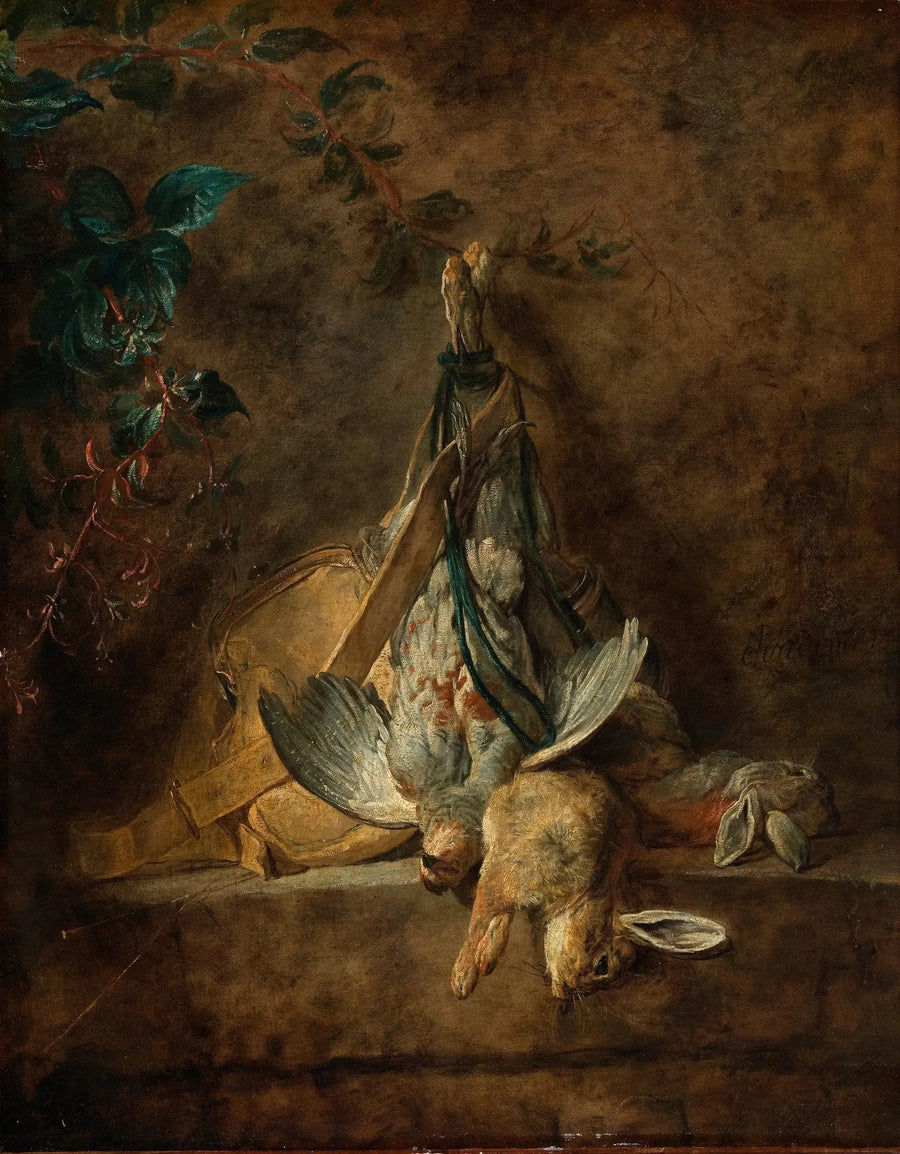 Naturaleza muerta: dos conejos, una perdiz gris, una cartuchera y una pera de polvo - Jean Simeón Chardin