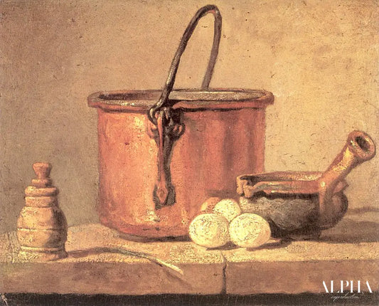 Nature morte d'ustensiles de cuisine, chaudron, casserole et œufs - Jean Siméon Chardin - Reproductions de tableaux et peintures haut de gamme