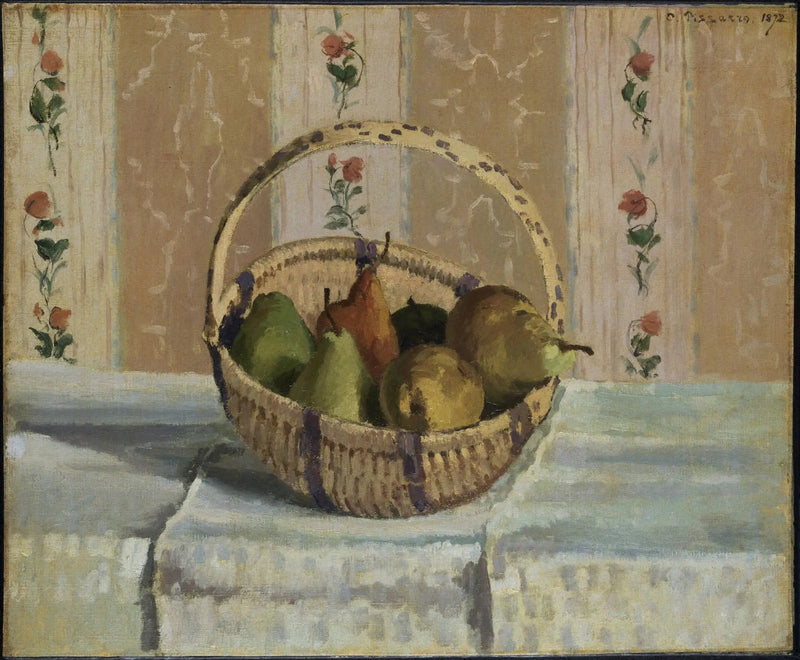 Naturaleza muerta: manzanas y peras en una cesta redonda - Camille Pissarro