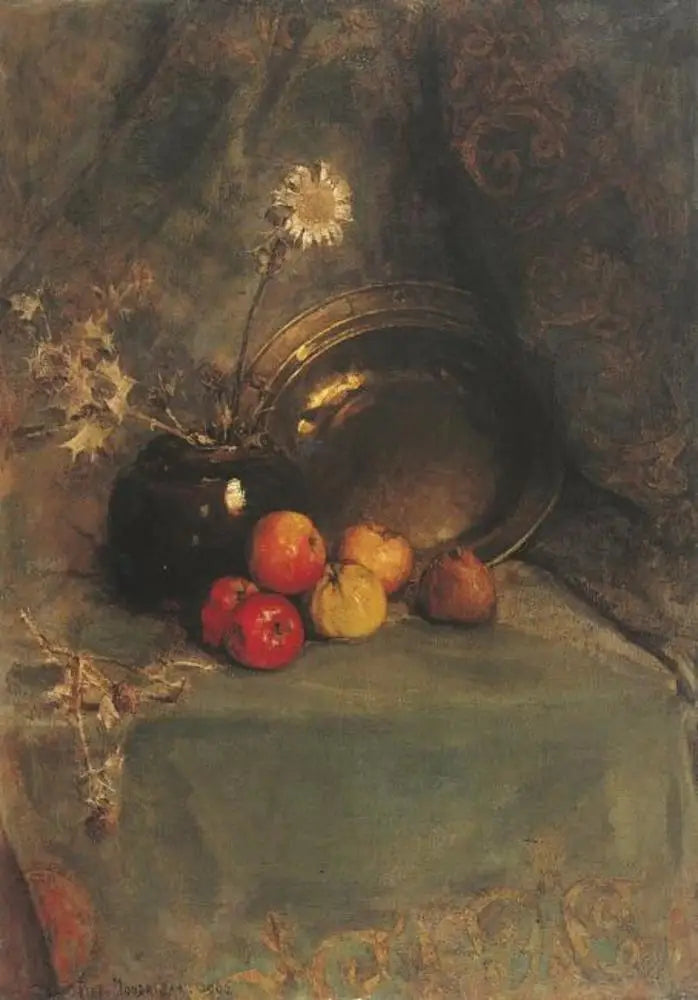 Naturaleza muerta: manzanas, maceta de flores y cacerola de metal - Piet Mondrian