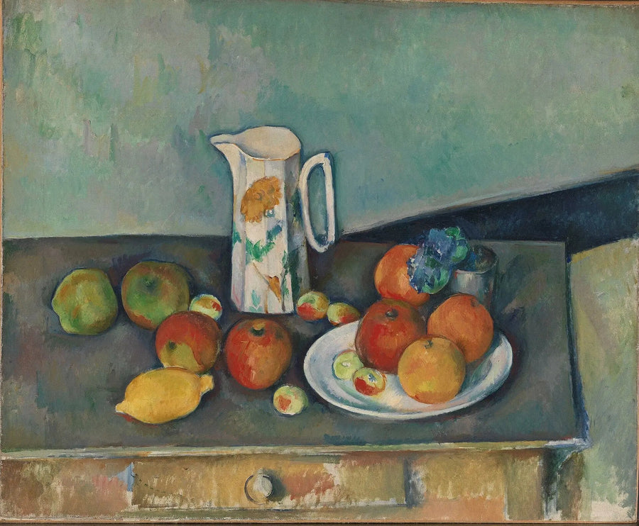 Naturaleza muerta, jarra de leche y frutas sobre una mesa - Paul Cézanne