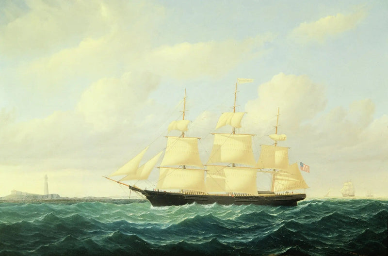 Navío clipper de olas frente al faro de Boston - William Bradford