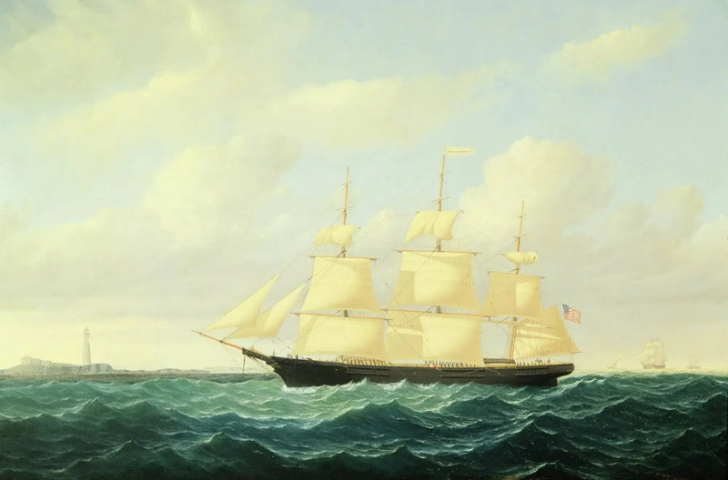 Navío clipper de olas frente al faro de Boston - William Bradford