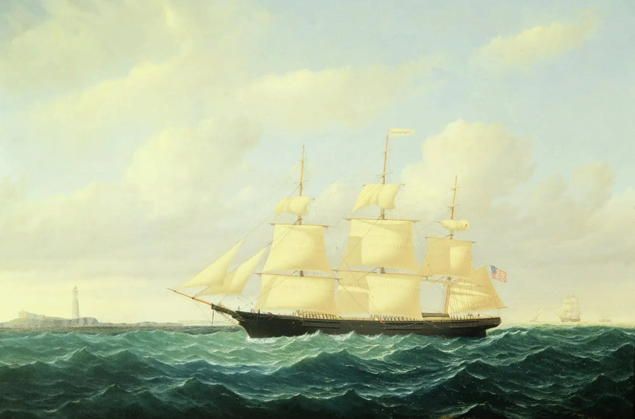 Navío clipper de olas frente al faro de Boston - William Bradford