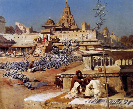 Nourrir les pigeons sacrés, Jaipur - Edwin Lord Weeks - Reproductions de tableaux et peintures haut de gamme