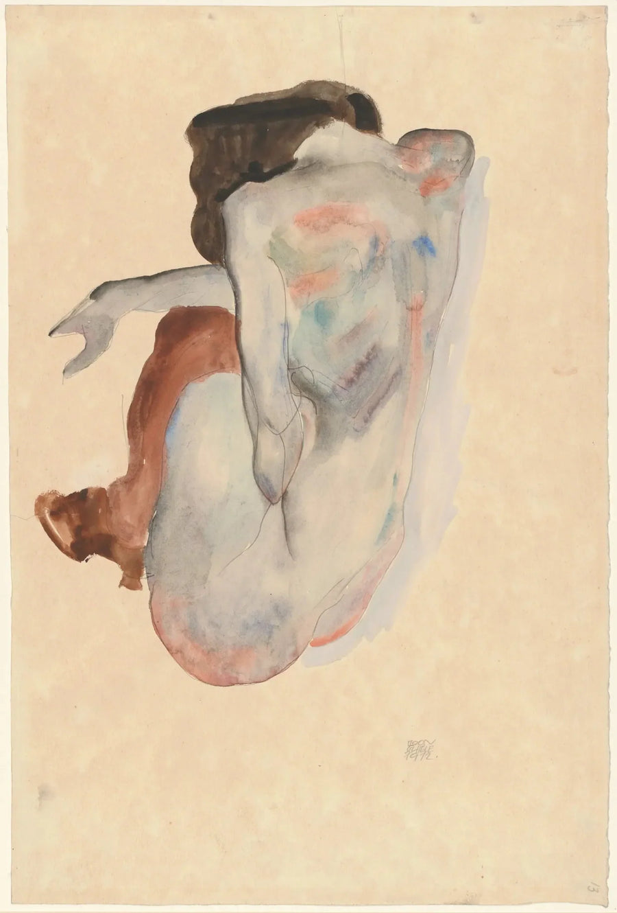Mujer desnuda en cuclillas con zapatos y medias negras, vista desde atrás - Egon Schiele