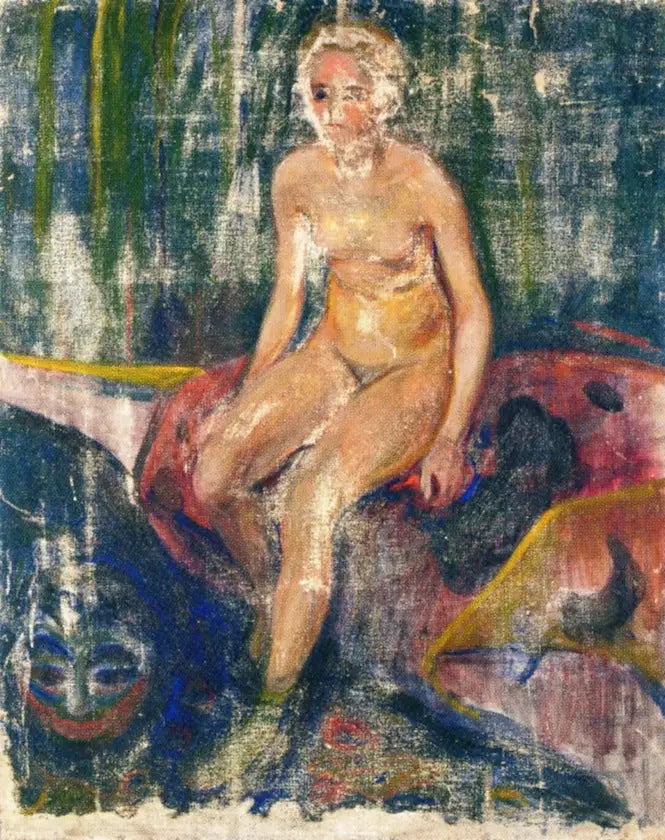 Mujer desnuda sentada y Máscara grotesca - Edvard Munch