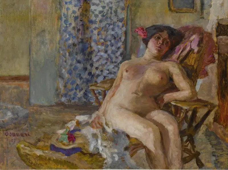 Mujer desnuda sentada, Flores en el cabello (Estudio de desnudo) - Pierre Bonnard