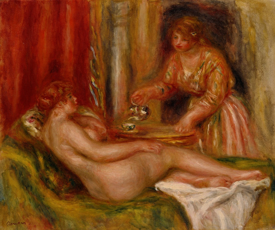 Nu alargado y sirviente sirviendo el té - Pierre-Auguste Renoir