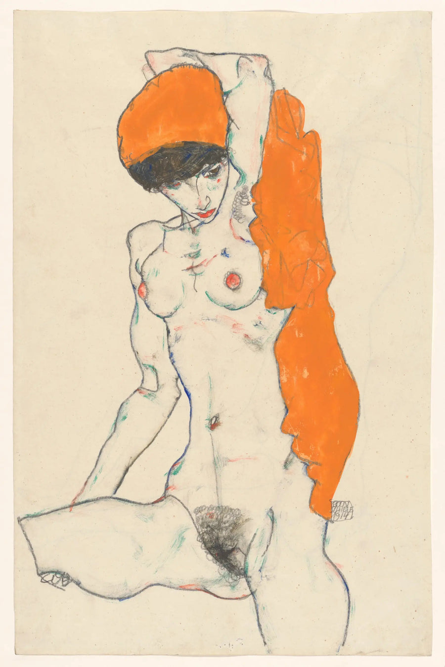 Mujer de pie con drapeado naranja - Egon Schiele