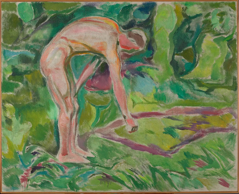 Hombre desnudo se inclina hacia adelante en el bosque - Edvard Munch
