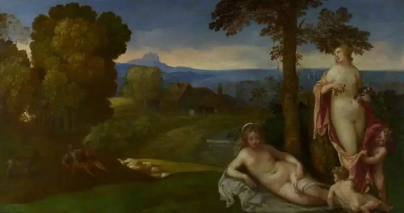 Ninfas y niños en un paisaje con pastores - Giorgione