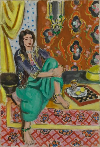 Reproduction du tableau « Odalisque assise, genou gauche replié, fond ornemental et damier - Henri Matisse » par Alpha Reproduction en peinture à l’huile