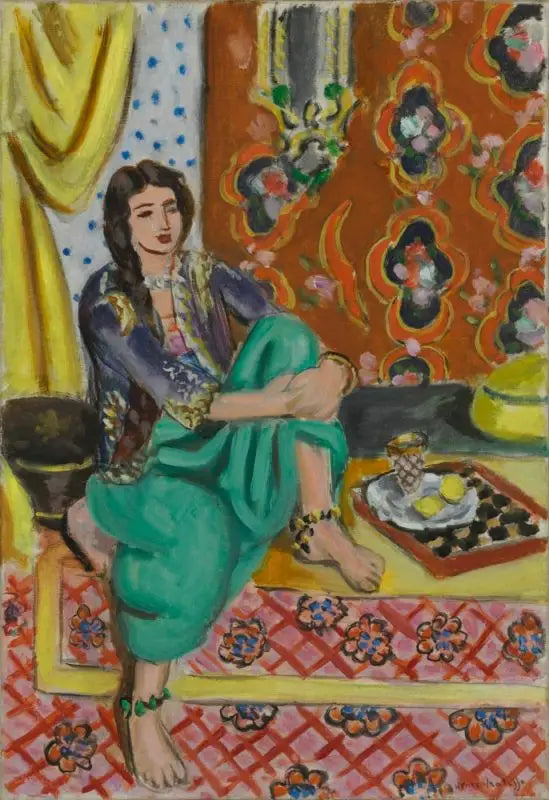 Odalisca sentada, con la rodilla izquierda doblada, fondo ornamental y damero - Henri Matisse