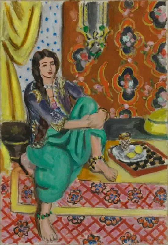 Odalisca sentada, con la rodilla izquierda doblada, fondo ornamental y damero - Henri Matisse