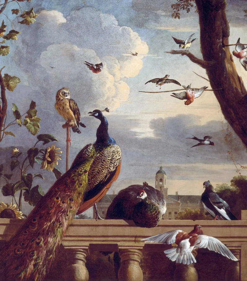 Aves alrededor de una balaustrada, con el ayuntamiento de Ámsterdam en el fondo, 1670 - Melchior de Hondecoeter