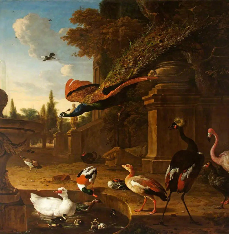 Aves ornamentales en y alrededor de un estanque en un parque, con un pavo real en vuelo - Melchior de Hondecoeter
