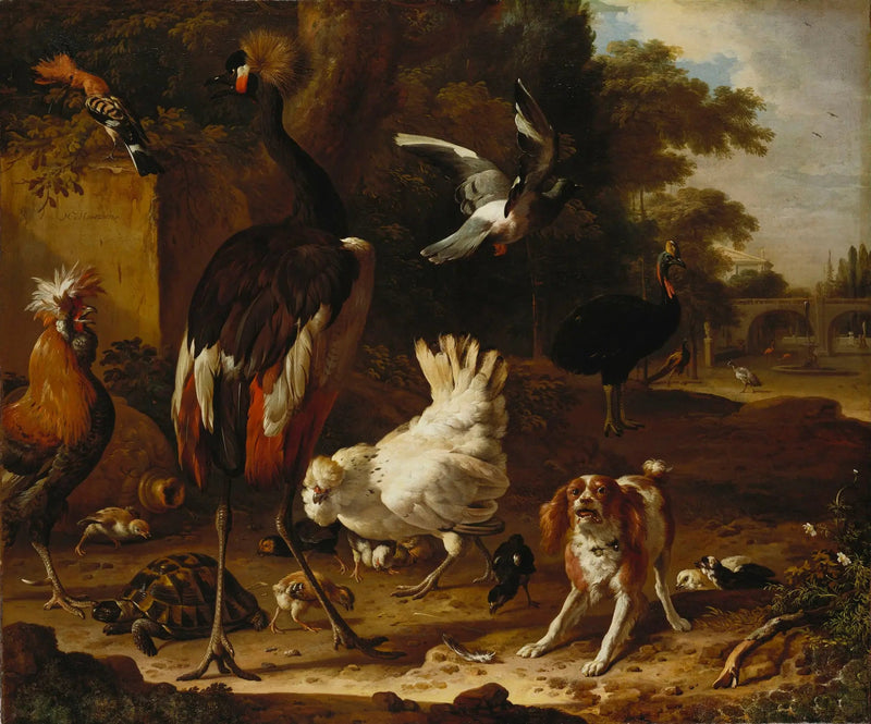 Pájaros y perro de caza en un jardín - Melchior de Hondecoeter