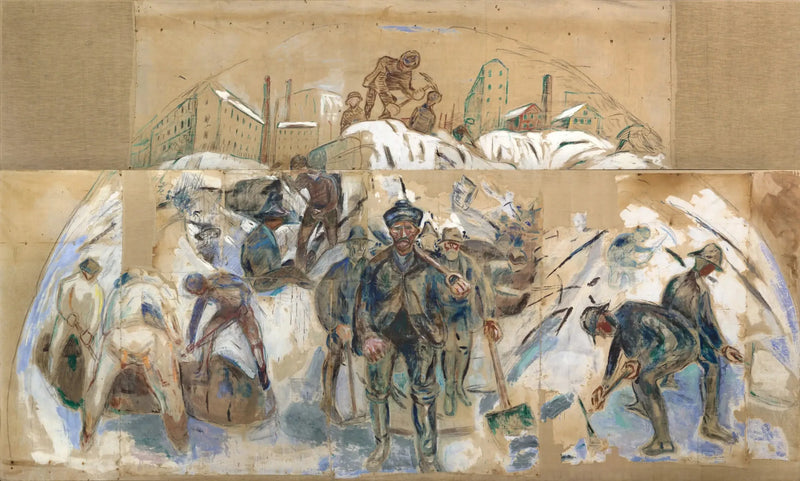 Trabajadores en el sitio de construcción. Boceto para un decorado del ayuntamiento de Oslo - Edvard Munch
